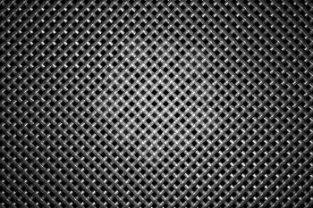 Braided diagonally oriented wire steel grid with reflection on black background under the round central light, abstract textured background