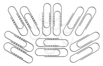 Metallic paperclips set, one metal clip in various positions isolated on white background