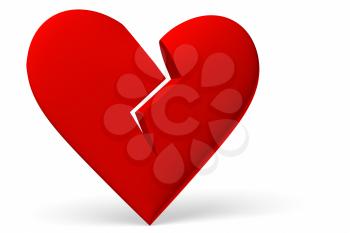 Red broken heart symbol isolated on white background, 3D illustration, diagonal view