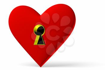 Red heart symbol with keyhole isolated on white background, 3D illustration, diagonal view