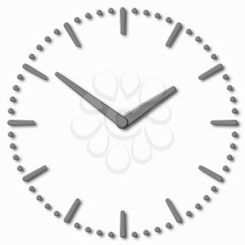 Simple clock face with metal hour hand, metal minute hand with shadows on white clock face with metal hours and minutes markers, 3d illustration 