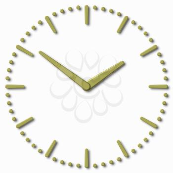 Simple clock face with yellow metal hour hand, yellow metal minute hand with shadows on white clock face with yellow metal hours and minutes markers, 3d illustration 