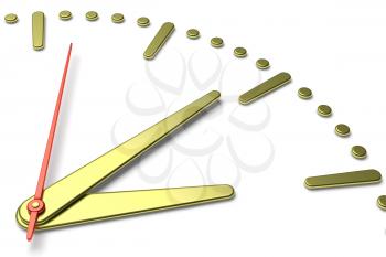 Simple clock face with yellow metal hour and minute hands and red second hand with shadows on white clock face with yellow metal hours and minutes markers, 3d illustration, diagonal view