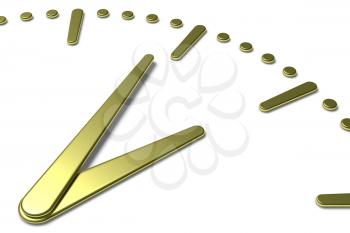 Simple clock face with yellow metal hour and minute hands with shadows on white clock face with yellow metal hours and minutes markers, 3d illustration diagonal view