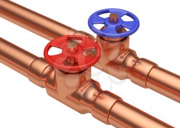 Plumbing pipeline with cold water and hot water pipes water supply system industrial construction: red valve and blue valve on two copper pipes isolated on white background, diagonal view, industrial 
