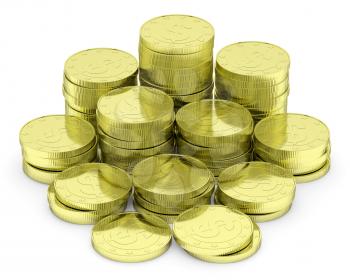 Business finance, financial success and wealth abstract creative concept: heap of gold dollar coins towers arranged in golden stack with small shadows isolated on white background