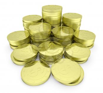Business finance, financial success and wealth abstract creative concept: heap of gold dollar coins towers arranged in golden stack with small shadows isolated on white background closeup view