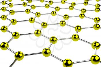 Abstract metal hexagonal lattice consisting of golden and steel balls isolated on white, perspective view
