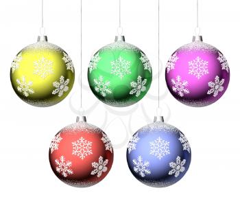 Christmas balls with snowflakes hanging on strings set isolated on white background