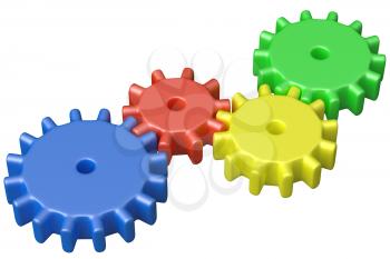 Preschool technical education concept: colorful plastic toys cogwheels construction isolated on white background 3D illustrarion
