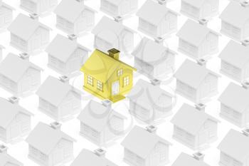 Individuality, uniqueness and real estate business creative concept - golden unique house standing out from crowd of gray ordinary houses 3d illustration
