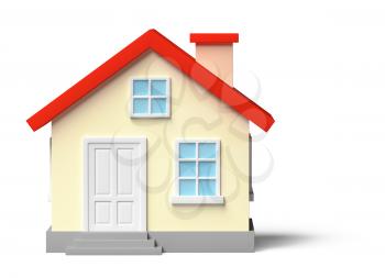 Funny colorful house with red roof, yellow walls and white door and windows isolated on white, 3d illustration