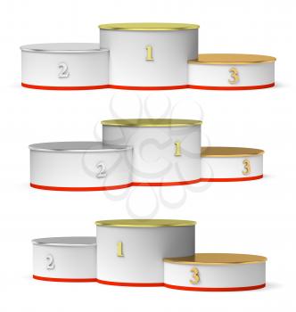 Sports winning and championship and competition success symbol - set of round sports pedestal, white winners podium with empty golden first, silver second and bronze third places, isolated on white, 3