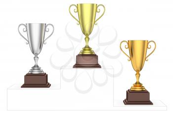 Sports winning and championship and competition success concept - golden, silver and bronze winners trophy cups isolated on the imaginary winners podium drawn by gray contour lines, 3d illustration