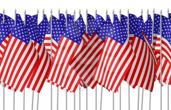 Many small american flags with stars and stripes in row isolated on white background. Independence Day 4th of July, Veterans Day and Memorial Day celebration in USA concept, 3d illustration seamless