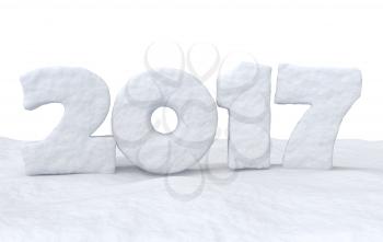 Happy New Year creative holiday background - 2017 new year sign text written with numbers made of snow on snow surface, Happy New Year 2017 winter snow symbol 3d illustration isolated on white