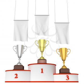 Sports winning, championship and competition success concept - three winners trophy cups on round sports pedestal, white winners podium with red stairs and blank white flags, 3d illustration, closeup