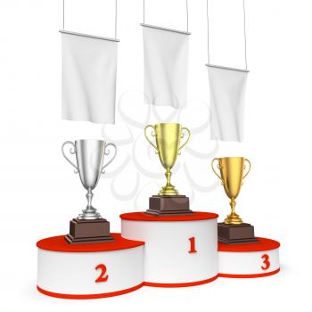 Sports winning, championship and competition success concept - three winners trophy cups on round sports pedestal, white winners podium with red stairs and blank white flags, 3d illustration, left