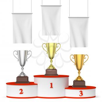 Sports winning, championship and competition success concept - three winners trophy cups on round sports pedestal, white winners podium with red stairs and blank white flags, 3d illustration, front vi