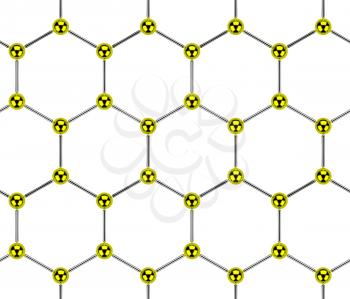 Abstract metal hexagonal lattice consisting of golden and steel balls isolated on white, seamless background