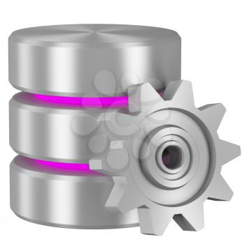 Data processing concept icon: Database with magenta elements and metal cogwheel isolated on white background