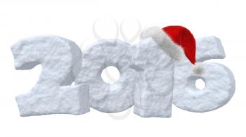 New Year 2016 sign made of snow with Santa Claus red hat isolated on white background 3d illustration