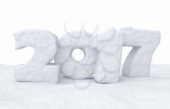 Happy New Year creative holiday background - 2017 new year sign text written with numbers made of snow on the snow surface, Happy New Year 2017 winter snow symbol 3d illustration isolated on white