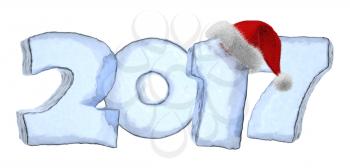Happy New Year creative holiday concept - 2017 new year sign text written with numbers made of clear blue ice with Santa Claus fluffy red hat, New Year 2017 winter symbol 3d illustration, isolated on 