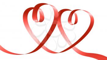 Love and wedding concept: red ribbon in the shape of two hearts isolated on white background, decorative element, 3D illustration