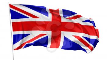 National flag of United Kingdom of Great Britain on flagpole flying in the wind isolated on white, 3d illustration
