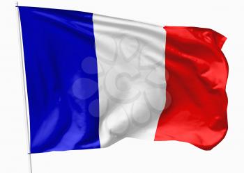 National flag of French Republic (France) on flagpole flying in the wind isolated on white, 3d illustration