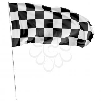Checkered flag on long flagpole flying in the wind isolated on white, 3d illustration