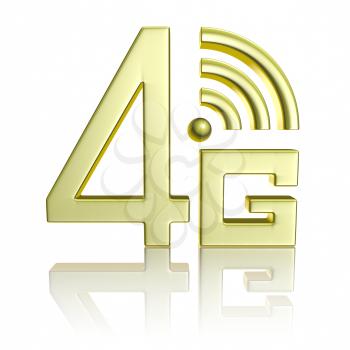 Mobile high speed data connection telecommunication concept: golden abstract 4G LTE wireless communication technology icon symbol with reflection isolated on white background