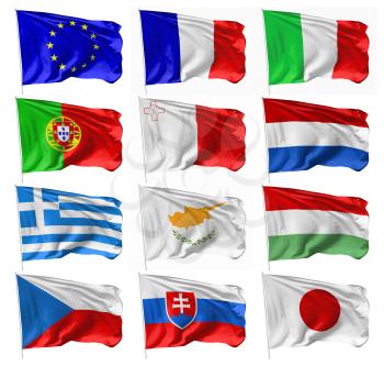 Collection of national European and Japan flags of on flagpole flying in the wind isolated on white, 3d illustration set
