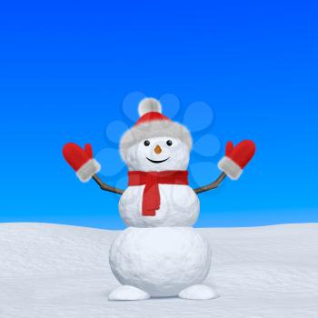 Cheerful snowman with red fluffy hat, scarf and mittens on snow looking up under blue sky, 3d illustration with copy-space