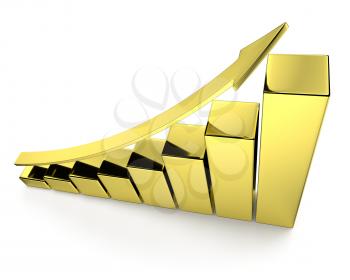 Financial growth, investment success and financial business and banking development concept: growing bar chart made of gold with upward golden arrow with reflections isolated, 3d illustration, top vie