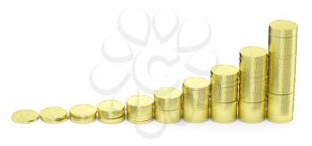 Financial growth and business success creative concept - growing golden bar chart contains of gold dollars coins isolated on white background, 3d illustration.