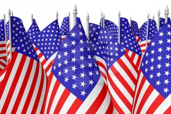 Many small american flags with stars and stripes isolated on white background closeup. Independence Day 4th of July, Veterans Day and Memorial Day celebration in USA concept, 3d illustration