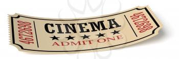Vintage retro cinema creative concept: retro vintage cinema admit one ticket made of yellow textured paper isolated on white with shadow closeup view, 3d illustration