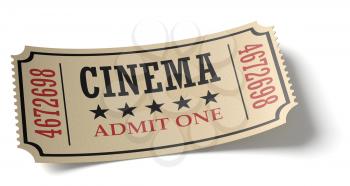 Vintage retro cinema creative concept: vintage retro cinema admit one ticket made of yellow textured paper isolated on white background with shadow closeup view, 3d illustration