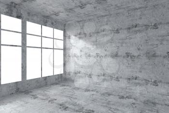 Abstract architecture concrete room interior: empty room corner with dirty spotted concrete walls, concrete floor, concrete ceiling and window with light from window, 3d illustration