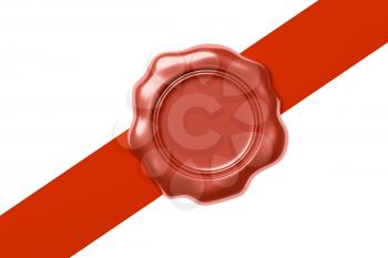 Red sealing wax seal stamp without sign on diagonal red ribbon isolated on white background, 3d illustration