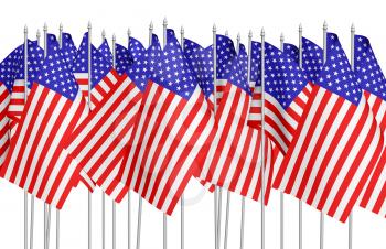 Many small american flags with stars and stripes in a row isolated on white background. Independence Day 4th of July, Veterans Day and Memorial Day celebration in USA concept, 3d illustration