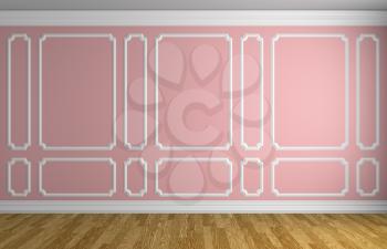Simple classic style interior illustration - pink wall with white decorative frame on the wall in classic style empty room with wooden parquet floor with white baseboard, 3d illustration interior