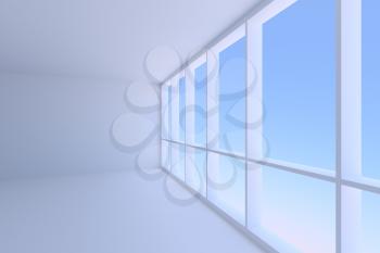 Business architecture office room interior - corner and large window in empty blue business office room with floor, ceiling and walls with morning blue sky light, 3d illustration