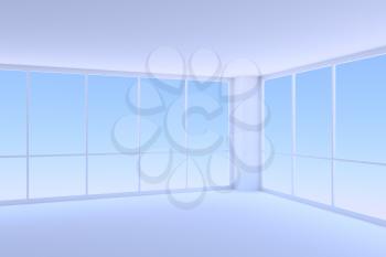 Business architecture office room interior - corner of empty blue business office room with two large windows with morning blue sky light, 3d illustration