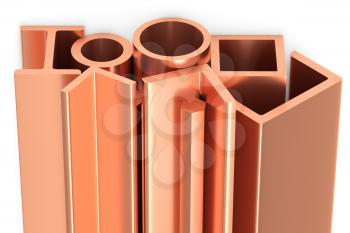 Metallurgical industry non-ferrous industrial products - group of stainless rolled copper metal products (girders, pipes, profiles, bars, balks and armature) on white, industrial 3D illustration