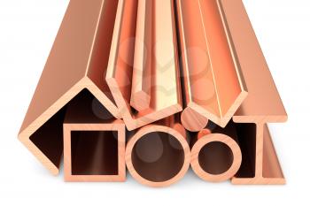 Metallurgical industry non-ferrous industrial products - stainless rolled copper metal products (pipes, profiles, girders, bars, balks and armature) on white, industrial 3D illustration