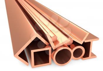 Metallurgical industry non-ferrous industrial products -stainless rolled metal copper products (pipes, profiles, girders, bars, balks and armature) on white, industrial 3D illustration