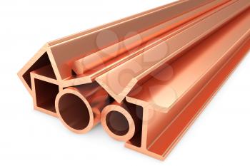 Metallurgical industry non-ferrous industrial products - group of stainless rolled copper metal products (pipes, profiles, girders, bars, balks and armature) on white, industrial 3D illustration